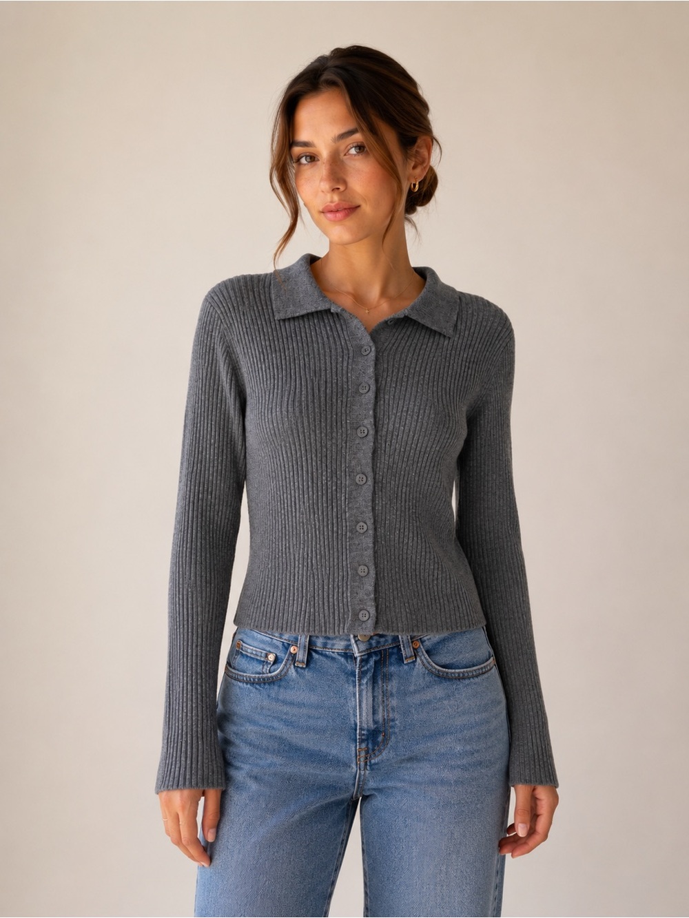 NWT Open Edit 100% Merino Wool Ribbed Button Front Collared Sweater Gray Medium